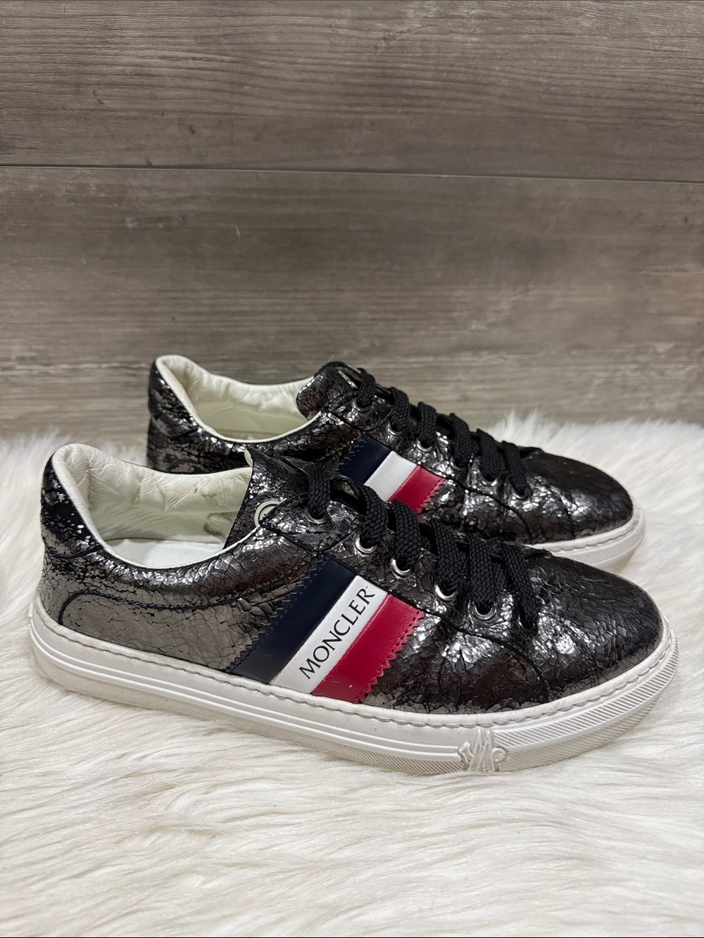 Moncler Women's Black Metallic Crackle Tricolor Low Top Sneakers